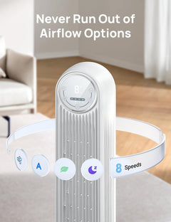 20Db Silent Tower Fan, 28 Ft/S Velocity Electric Cooling Fan with Remote, 90° Oscillating 8 Speeds 4 Modes 8H Timer LED Display, DC Motor Quiet Standing Bladeless Floor Fans for Bedroom, White
