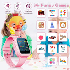 Kids Smart Watch for Boys Girls, Fashion Smartwatches for 5-12 Year Olds Children, Birthday Gift Toy for Kids, Digital Watch with 14 Puzzle Games and 90° Rotating Camera (Pink)