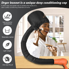 Bonnet Hood Hair Dryer Attachment - Soft, Adjustable Extra Large Bonnet Hair Dryer for Speeds up Drying Time at Home, Easy to Use for Styling, Curling and Deep Conditioning (Black)