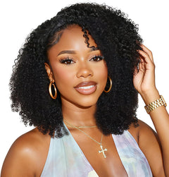 Half Wig Human Hair 200 Density Kinky Curly Half Wig 3 in 1 Seamless Flip over Glueless Wigs Human Hair with Drawstring Beginner Friendly Curly Wig Headband Wig for Women Daily Wear 16 Inch