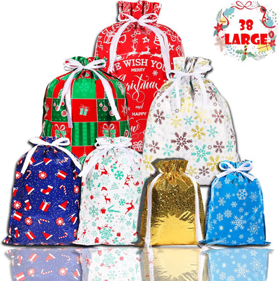 38PCS Christmas Drawstring Gift Bags - 7 Festive Designs for Perfectly Wrapped Presents and Holiday Parties!