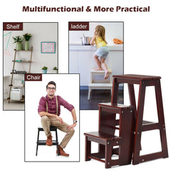 Folding 3 Tier Step Stool Wooden Folding Stepladder Shelf