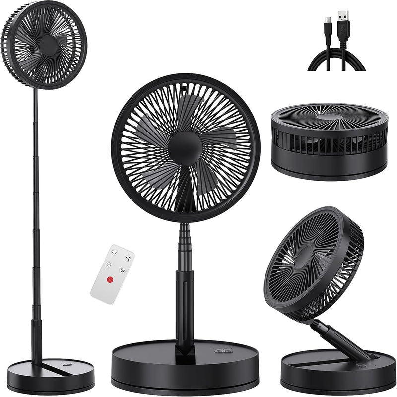 Portable Oscillating Standing Pedestal Fan with Remote Control, 8.6 Inch Silent 8000Mah Rechargeable Battery USB Powered Floor Fan, Height Adjustable Foldable Desk Table Fans for Bedroom Home Black