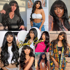 16 Inch Human Hair Wig with Fringe Wear and Go Glueless Wig Human Hair 2X4 Lace Front Body Wave Human Hair Wig for Women 100% Real Brazilian Hair Wigs with Bangs Natural Black