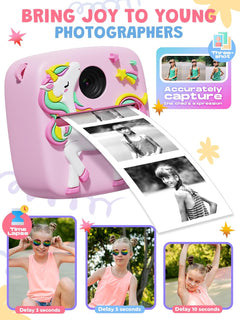 Kids Camera Instant Print, Christmas Birthday Gifts for 3 4 5 6 7 8 9 Year Old Boys Girls, 1080P Kids Digital Camera Toddler Boys Girls Toys Age 3-9 Pink