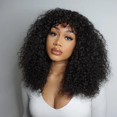 Human Hair Wig with Fringe - 14 Inch Kinky Curly Machine Made Wig with Bangs, Re-Stylable Dyeable Breathable Glueless Real Hair Wigs for Black Women.