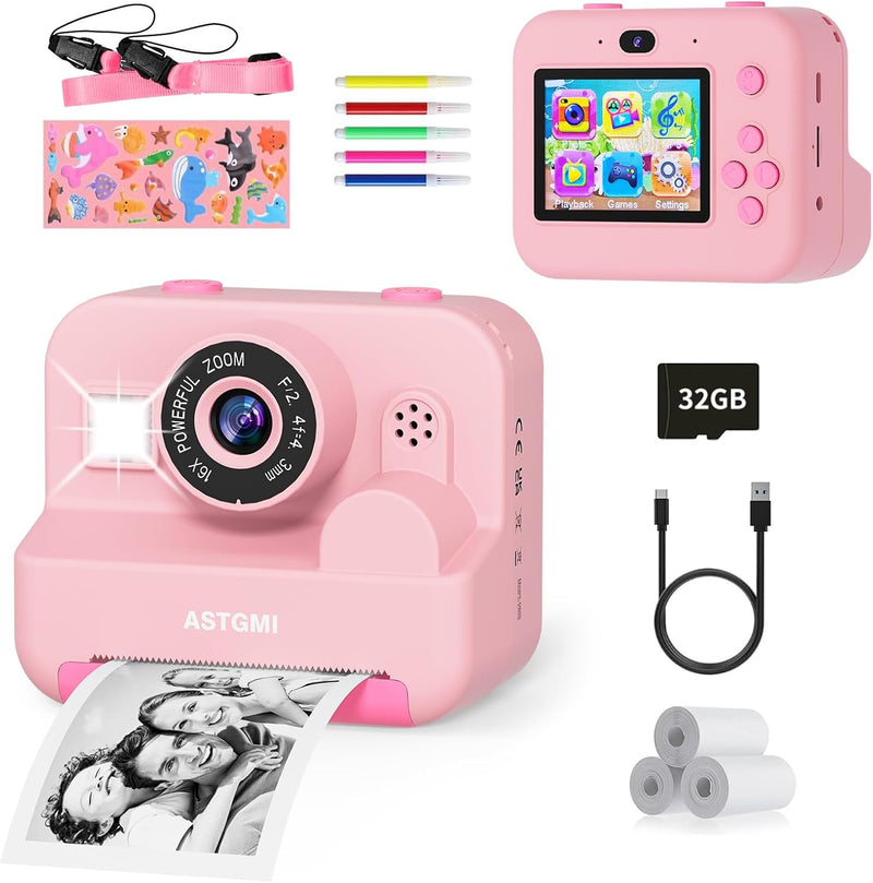 Kids Instant Print Selfie Camera for Girls,1080P HD Digital Camera for Kids with Print Paper & 32GB Card, Christmas Birthday Gifts Kids Toys for 3-12 Years Old (Pink)
