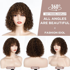 Short Curly Human-Hair Wigs with Bangs 10Inch Jerry Curl Bob Brazilian Virgin Human Hair None Lace Front for Black Women Machine Made Black Wigs
