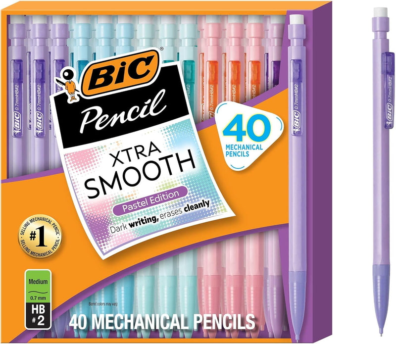 Xtra-Smooth Mechanical Pencils, 0.7 Mm Medium Point, 40-Count | No. 2 Lead Resists Smudging and Erases Cleanly, Smooth Reliable Writing, Pastel Barrels, Bulk Pack for Students and Teachers