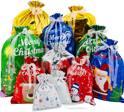 42 Pcs Christmas Drawstring Gift Bags - 10 Festive Designs in 5 Sizes for Perfect Holiday Wrapping