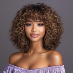 Short Curly Human-Hair Wigs with Bangs 10Inch Jerry Curl Bob Brazilian Virgin Human Hair None Lace Front for Black Women Machine Made Black Wigs