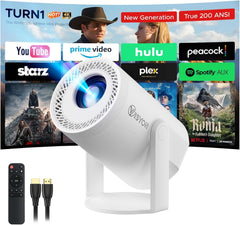 Turn 1 Projector 2026 | Supports 1080P with Android 14.0 | 200 ANSI Lumen Smart Projector, Native 720P Portable Mini Projector for Bedroom | Screen Mirroring for Ios/Android | Gaming & HDMI Compatible