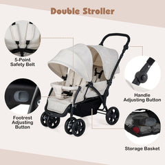 Double Pushchair with Adjustable Backrest and Sunshade