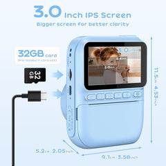 Kids Camera Instant Print, 3.0'' Instant Camera for Kids with 32GB Card & 3 Rolls Print Paper, 1080P Kids Digital, Gift Toy for Boys Girls 3-12 Years Old