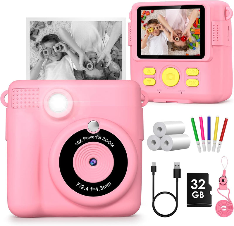 Kids Camera Instant Print,1080P Digital Instant Camera for Kids, 32GB Card, 3 Rolls Print Paper, Birthday Gifts Childrens Selfie Toys for Boys Girls Age 3-12,Pink