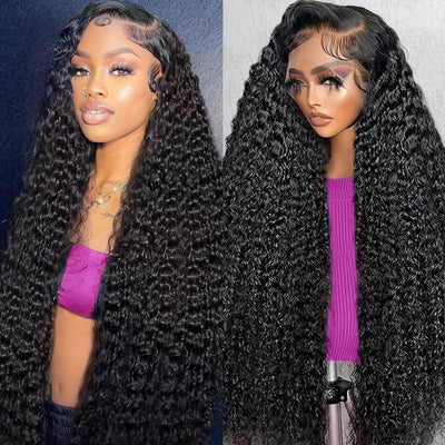 24 Inch 13X6 Deep Wave Lace Front Wigs Human Hair Wigs for Women HD Transparent Deep Curly Human Hair Wig 200 Density Pre Plucked Natural Color