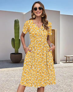 Women'S Summer Short Sleeve Dresses with Midi Empire Causal V Neck Pleated Dress with Pockets