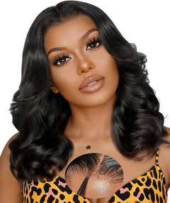 Human Hair Wig 250 Density Layered Bob Wig Human Hair with Curtain Bangs 15A 6X6 Face-Framing Wear Go Glueless Wigs Pre Plucked Pre Cut Loose Body Wave Glueless Wig Human Hair 14 Inch