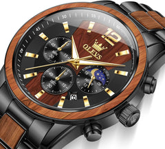 Mens Wooden Watch Analog Quartz Stainless Steel Wirst Watches Luxury Dress Chronograph Waterproof Luminous Watches for Men Gift