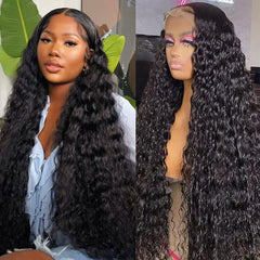 13X6 Water Wave Lace Front Wigs Human Hair 180% Density 20Inch Deep Wave Transparent Lace Frontal Curly Wigs Wet and Wavy Virgin Hair Natural Black
