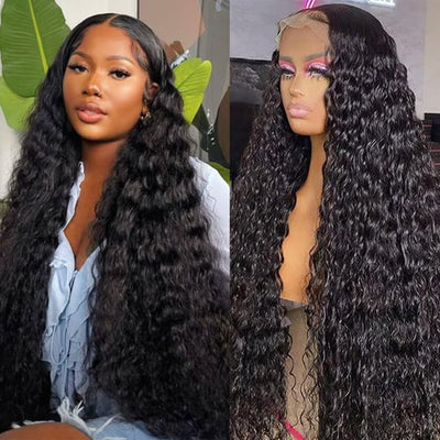 13X6 Water Wave Lace Front Wigs Human Hair 180% Density 20Inch Deep Wave Transparent Lace Frontal Curly Wigs Wet and Wavy Virgin Hair Natural Black