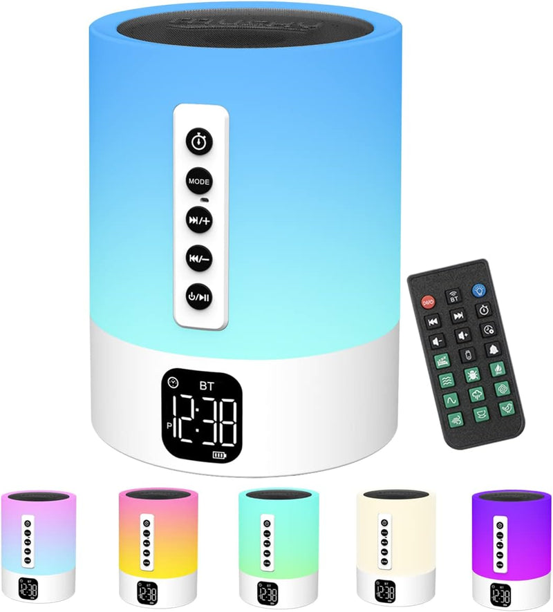 Night Light Bluetooth Speaker, White Noise Machine, Touch Bedside Lamp with Alarm Clock for Kids, Multi-Color Bedroom Table Lamp Xmas Gifts for Her Gifts for Teenage Girls Boys Teens Women Boyfriend