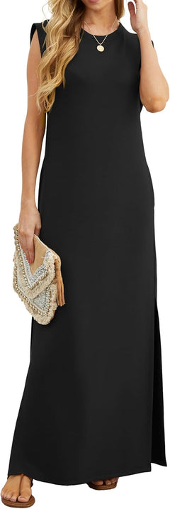 Womens Summer Maxi Dress Casual Shirt Dresses Elegant Styles Basic Sleeveless Maxi Dresses for Women UK with Split and Pockets