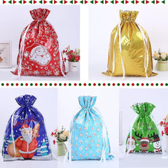 Festive 12-Pack Foil Drawstring Gift Bags for Christmas - Perfect for Presents, Parties, and Holiday Decor!
