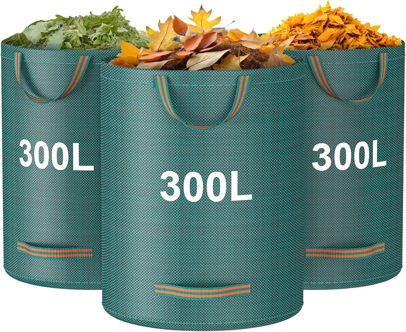 Garden Waste Bags, 300L X 3 Garden Bags Heavy Duty with Handles, Reusable Garden Sacks, Foldable Camping Recycling Bags for Leaf, Trash, Debris, Garden Rubbish Bags Waterproof