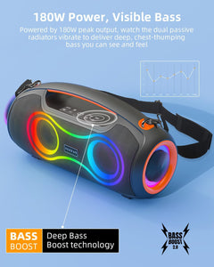Powerful Portable Bluetooth Speakers - 200W Loud Sound & Deep Bass, RGB Party Lights, IP65 Waterproof, 24H Playtime, Dual Subwoofers & Tweeters, TWS, USB/AUX/TF Connectivity