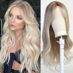 Long Wavy Blonde Wigs for Women Natuaral Synthetic Hair Heat Resistant Ombre Wig for Daily Party Cosplay Use