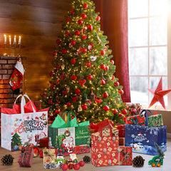 12-Pack Reusable Christmas Tote Bags with Tissue Paper - Extra Large, Large & Medium Non-Woven Gift Bags for Holiday Parties & Decorations