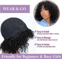 Human Hair Wig with Fringe - 14 Inch Kinky Curly Machine Made Wig with Bangs, Re-Stylable Dyeable Breathable Glueless Real Hair Wigs for Black Women.