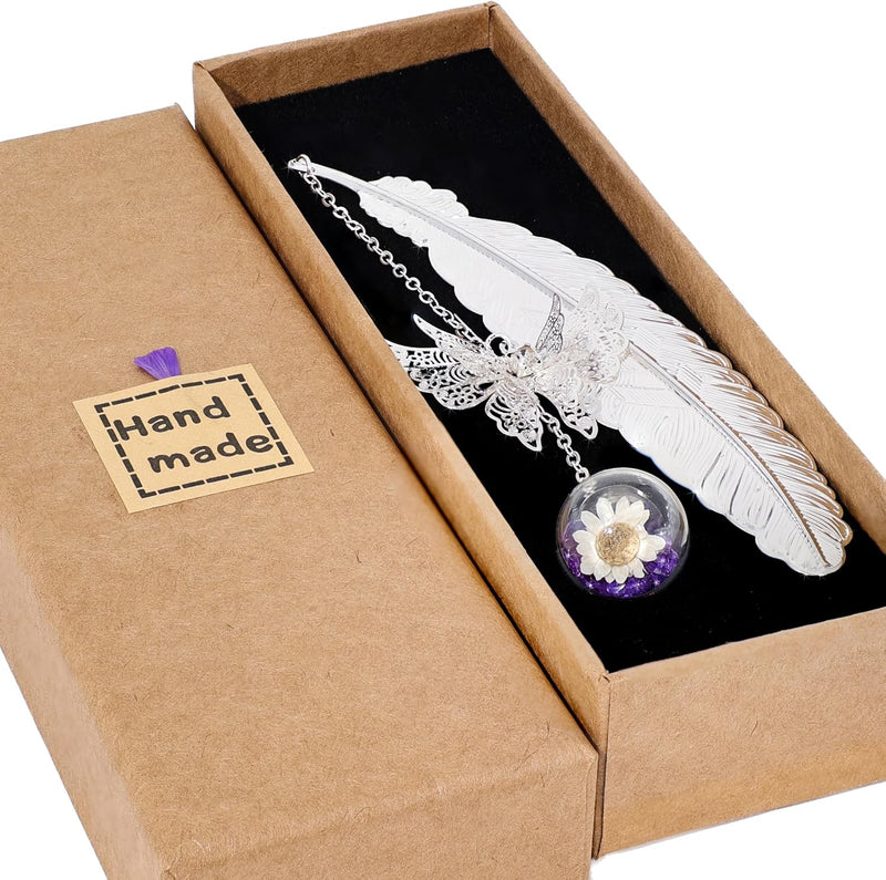 Elegant Silver Feather Bookmark with Butterfly Charm – Perfect Christmas Gift for Women, Moms & Teachers – Ideal for Book Lovers, Stocking Stuffers & Secret Santa – Beautifully Gift Boxed