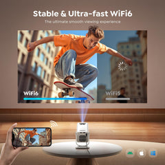 【Built-In Android 14 | Short Throw】 Mini Portable Projector 1080P 4K Supported, Smart Projector with 270° Rotation Stand, Auto Keystone, Wifi 6 Bluetooth 5.4, Home Cinema Projectors for Bedroom