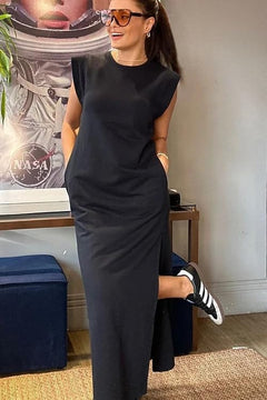 Womens Summer Maxi Dress Casual Shirt Dresses Elegant Styles Basic Sleeveless Maxi Dresses for Women UK with Split and Pockets