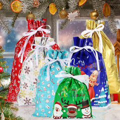 Festive 12-Pack Foil Drawstring Gift Bags for Christmas - Perfect for Presents, Parties, and Holiday Decor!