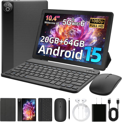 Android 15 Tablet, 10.4 Inch Tablet, Android Tablets with Keyboard Pen Case Mouse Earphone, 20GB RAM+64GB ROM (TF 1TB), 5000Mah, Wifi 6, BT5.4, Dual Cameras & Speakers, Black