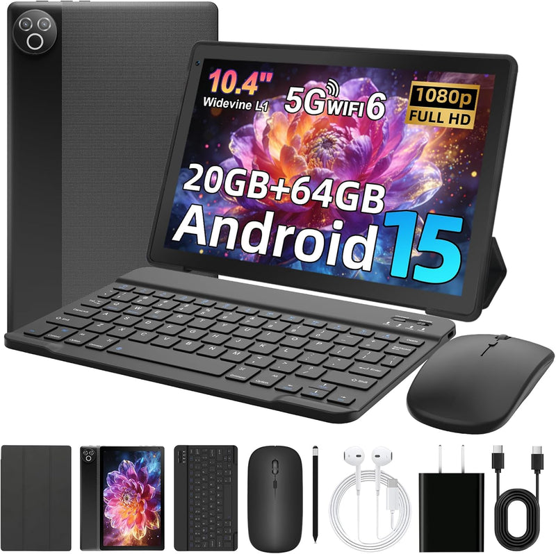 Android 15 Tablet, 10.4 Inch Tablet, Android Tablets with Keyboard Pen Case Mouse Earphone, 20GB RAM+64GB ROM (TF 1TB), 5000Mah, Wifi 6, BT5.4, Dual Cameras & Speakers, Black