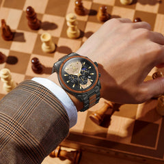 Mens Wooden Watch Analog Quartz Stainless Steel Wirst Watches Luxury Dress Chronograph Waterproof Luminous Watches for Men Gift