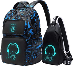 School Bags for Teenage Boys Camo Casual Backpacks Luminous Unisex Kids Rucksack Travel Canvas Daypack College Bookbag Waterproof Lightweight Student Back Pack Sling Shoulder Backpacks Set
