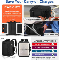 Cabin Bags 45×36×20 for New Easyjet Underseat Hand Luggage Bag Carry on Travel Backpack Flight Bag Cabin Size for Airplanes Hand Luggage Rucksack Fit 15.6 Inch Laptop,Black