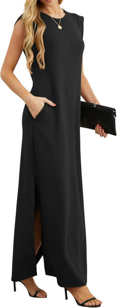 Womens Summer Maxi Dress Casual Shirt Dresses Elegant Styles Basic Sleeveless Maxi Dresses for Women UK with Split and Pockets