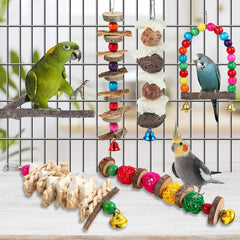 Bird Perch & Toys - 6 Pack Accessories, Wooden Chew Toys & Perch Stand for Parakeet, Conure, Cockatiel, Lovebird, Parrotlet, Budgie, Finches & Other Small to Medium Sized Birds