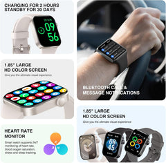 Smart Watch for Women Men Answer/Make Call, 1.85" Touchscreen Fitness Tracker with Heart Rate Blood Pressure Sleep Monitor, 140+ Sport Modes Smartwatch, IP68 Waterproof Fitness Watch for Android Ios