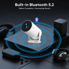 Android 14 Mini Projector with Bluetooth 5.2 & Wifi 6 | Built-In Apps, 180° Rotatable, Auto Keystone, 1080P Portable for Home Bedroom, Compatible with TV Stick, HDMI, USB