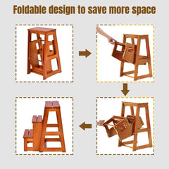 Folding 3 Tier Step Stool Wooden Folding Stepladder Shelf