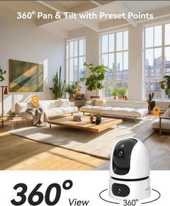 Dual-Lens 2K+2K Indoor Security Camera, House Security Camera 360°Full Coverage, Pet Baby Camera with APP, Color Night Vision, Human/Pet/Sound/Motion Detection, Siren Spotlight, 2.4Ghz Only
