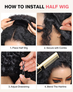 Half Wig Human Hair 200 Density Kinky Curly Half Wig 3 in 1 Seamless Flip over Glueless Wigs Human Hair with Drawstring Beginner Friendly Curly Wig Headband Wig for Women Daily Wear 16 Inch