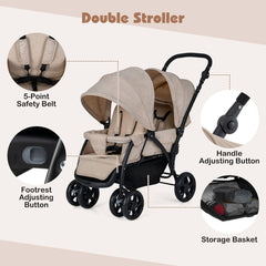 Double Pushchair with Adjustable Backrest and Sunshade